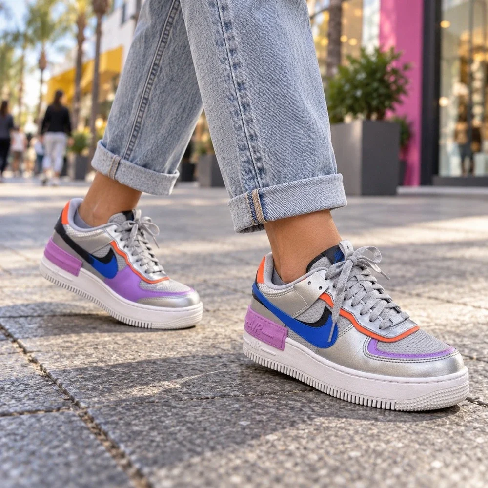 Nike Air Force 1 Shadow Women 9.5 Metallic Silver Pink Blue Shoes CW6030-001 AF1